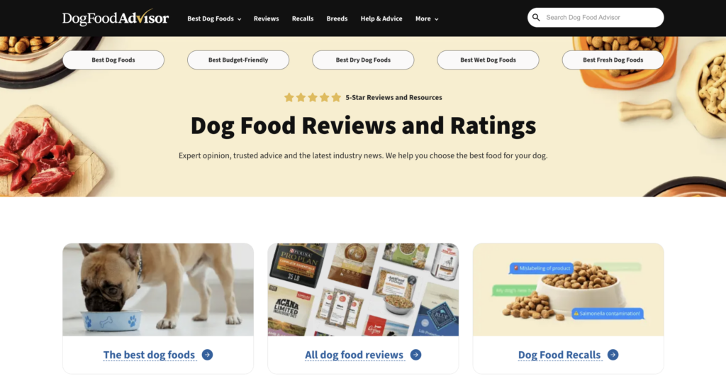 Startseite von Dog Food Advisor