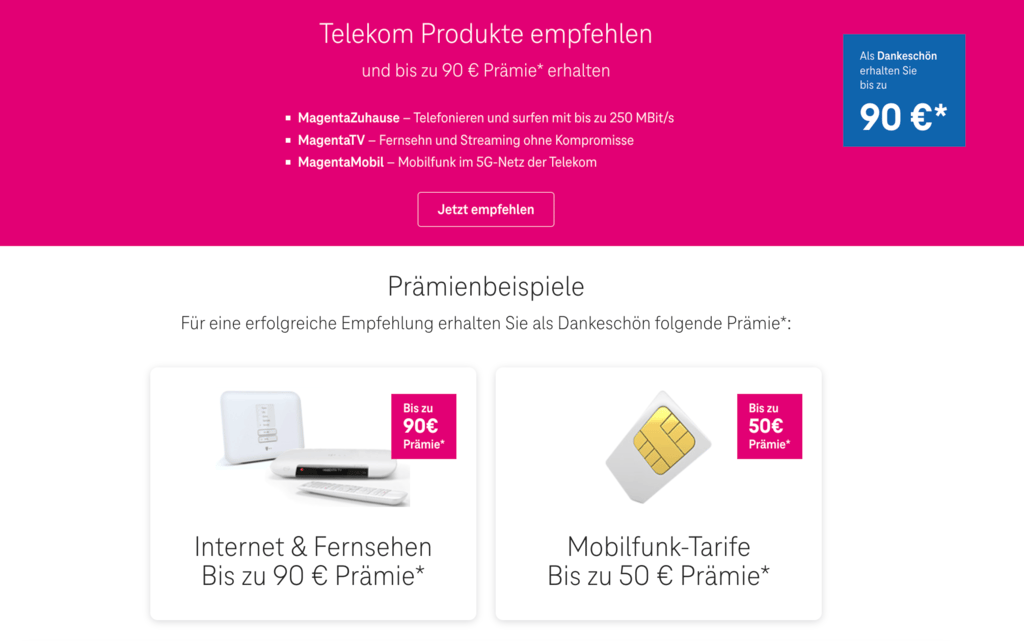 Startseite des Telekom-Empfehlungsprogramms