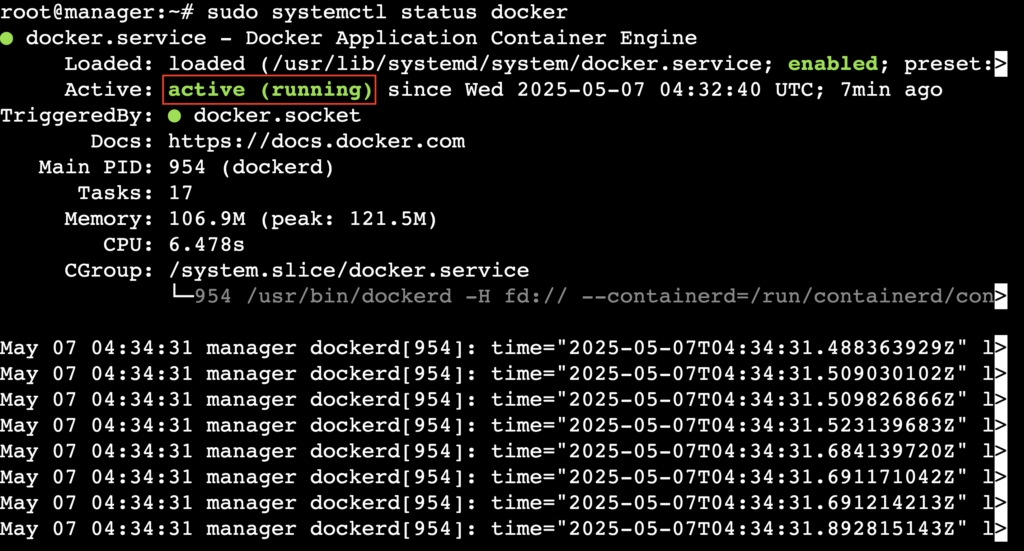 Eine Terminalausgabe, die zeigt, dass Docker aktiv ist und l&auml;uft