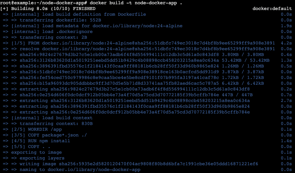 Eine Terminalausgabe nach dem Ausführen des Befehls `docker build`