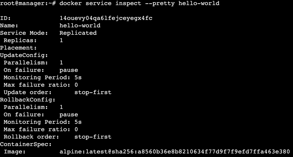 Eine Terminalausgabe mit Details zum hello-world-Dienst