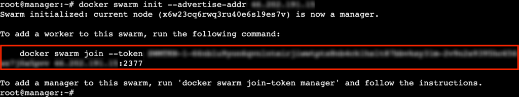 Eine Terminalausgabe, die den generierten Docker-Swarm-Join-Befehl zeigt