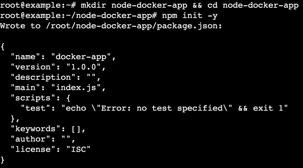 Eine Terminalausgabe nach Ausf&uuml;hrung der Befehle mkdir, cd und npm init