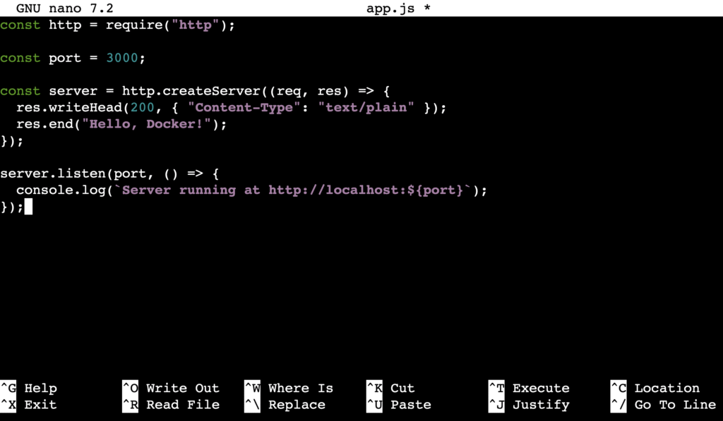 Der Inhalt der Datei app.js im Nano-Texteditor
