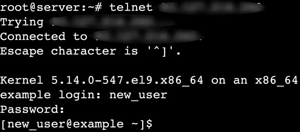 Die Ausgabe des Befehls telnet remote_server_ip im Terminal