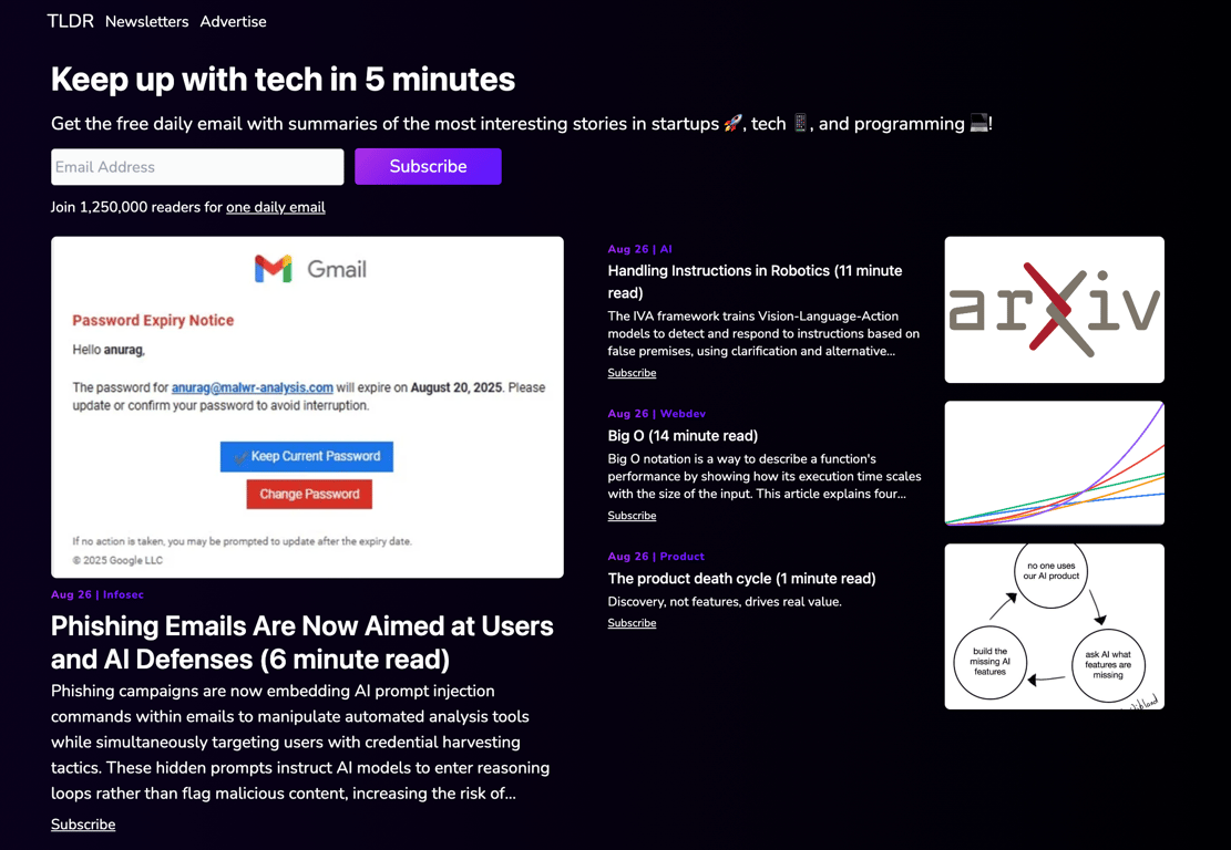 TLDR-Landingpage für die E-Mail-Anmeldung