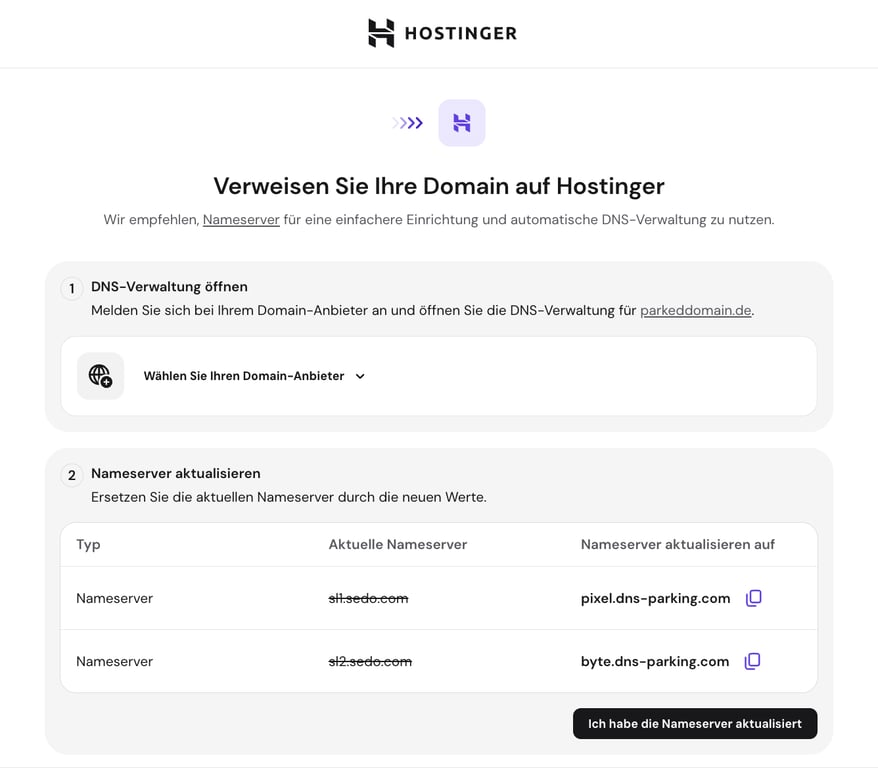Eine Anleitung mit den Schritten, um eine Domain auf die Nameserver von Hostinger zu verweisen und den Domain-Parking-Prozess abzuschließen