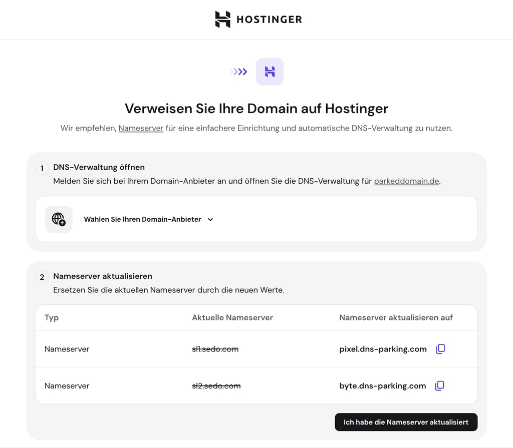 Eine Anleitung mit den Schritten, um eine Domain auf die Nameserver von Hostinger zu verweisen und den Domain-Parking-Prozess abzuschließen