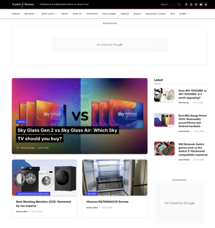 Die Startseite von Trusted Reviews