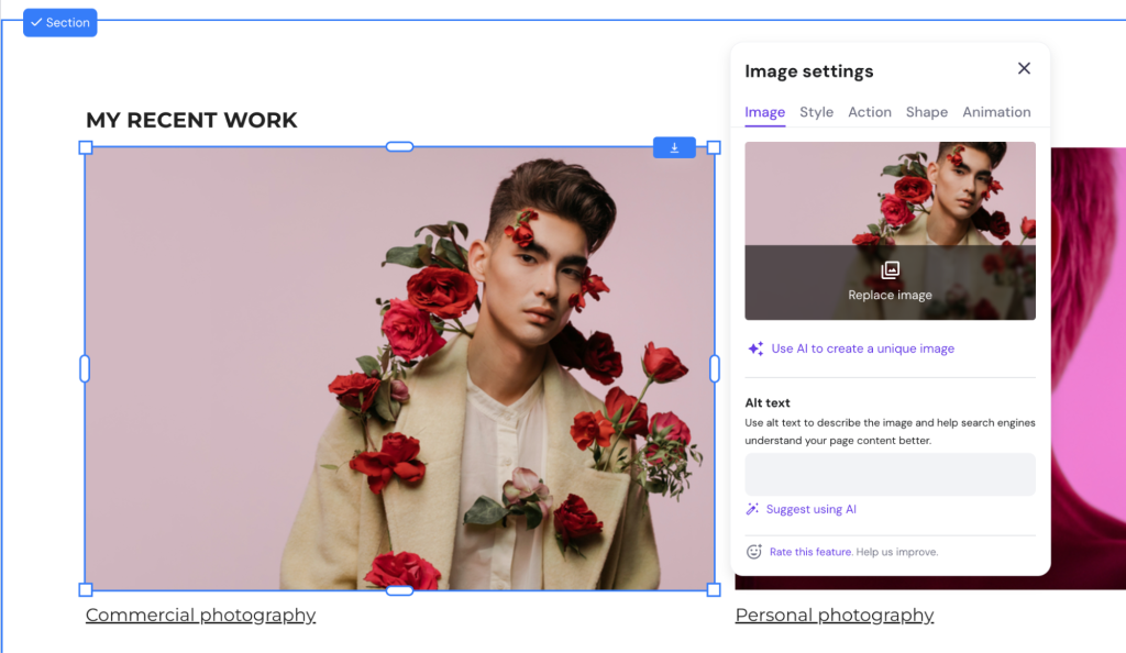 Bildeinstellungen im Editor des Hostinger Website Builders öffnen