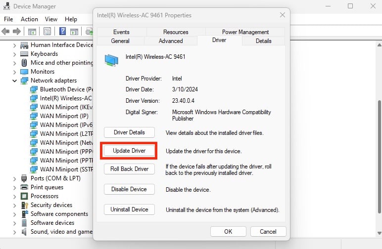 Die Option „Treiber aktualisieren“ unter Windows