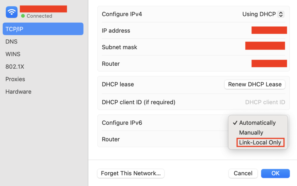 Die TCP/IP-Einstellungen unter macOS, wobei die Option „Nur Link-Local“ rot hervorgehoben ist