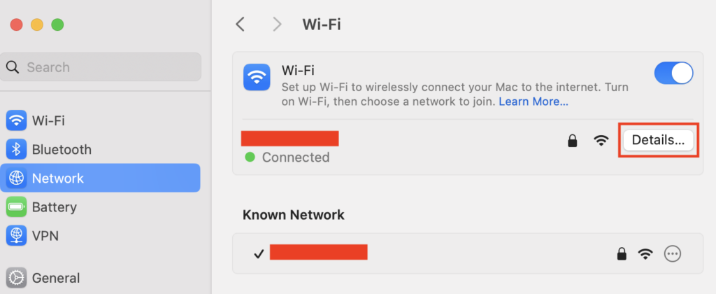 Die WLAN-Einstellungen unter macOS, wobei die Schaltfläche „Details“ rot hervorgehoben ist