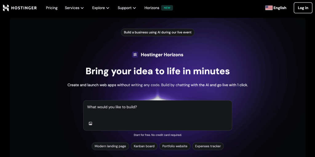 Landingpage von Hostinger Horizons