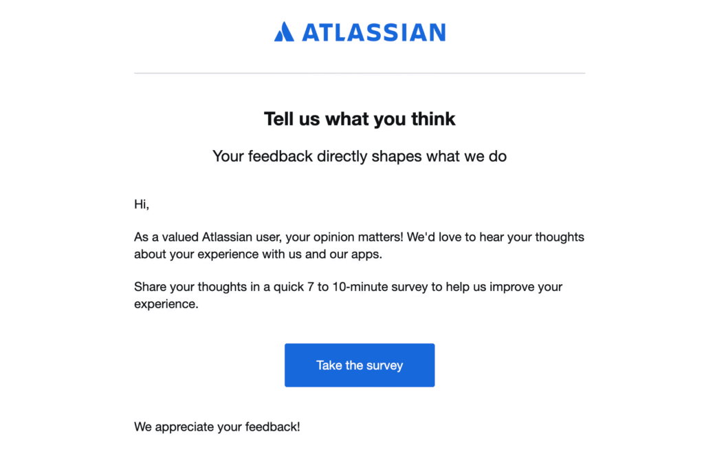 Atlassians E-Mail-Newsletter mit einem CTA-Button