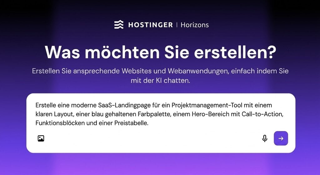 Hostinger-Horizons-Erstellungsbereich mit Prompt zum Erstellen einer SaaS-Landingpage