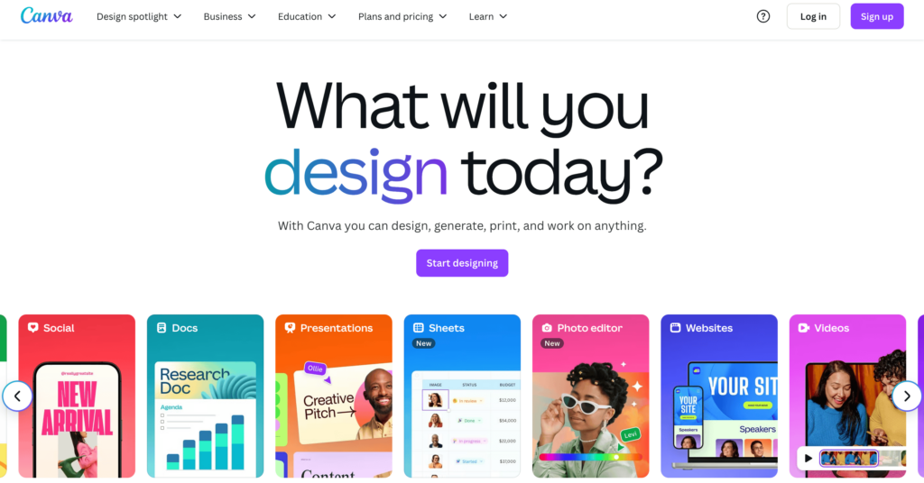 Startseite von Canva