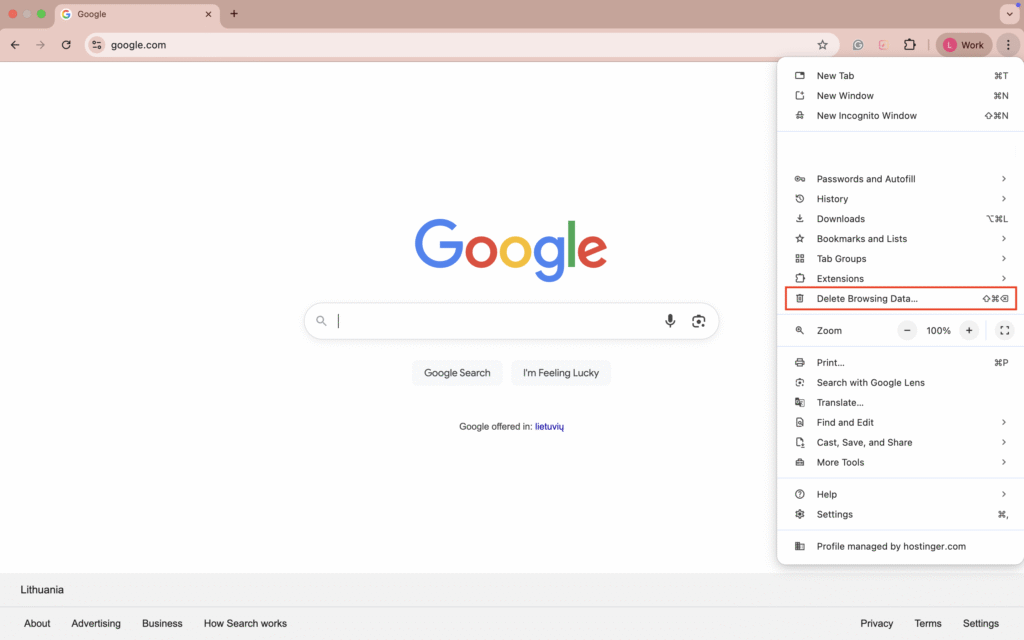 **Browserdaten löschen** in den erweiterten Browsereinstellungen hervorgehoben