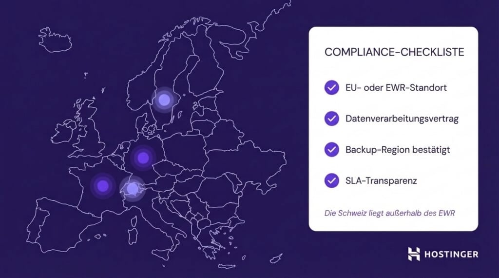 Karte Europas mit hervorgehobenen Punkten einer Compliance-Checkliste für die Datenverarbeitung in der EU/im EWR, mit Häkchen und einem Hinweis zum Status der Schweiz.