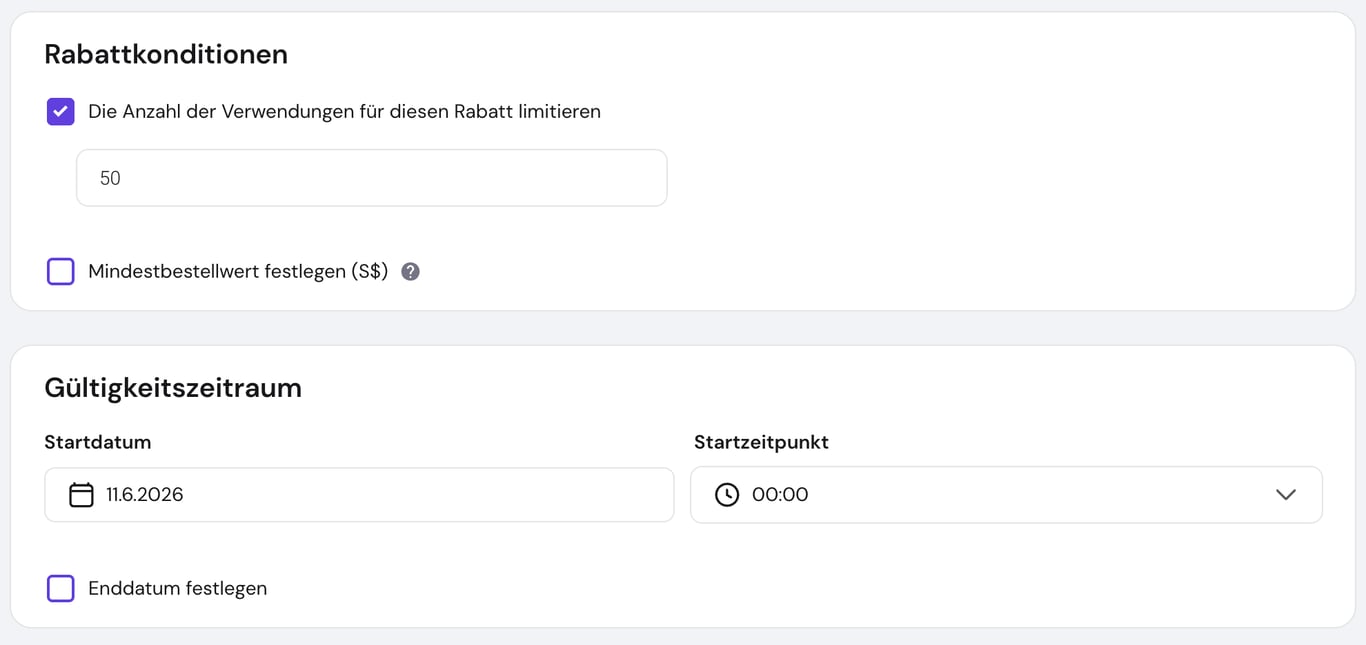 Unterer Bereich der Seite „Rabatt hinzufügen“ im Store-Manager des Hostinger Website-Builders