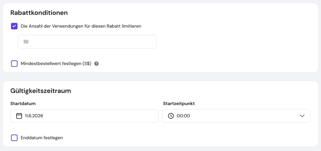 Unterer Bereich der Seite „Rabatt hinzufügen“ im Store-Manager des Hostinger Website-Builders