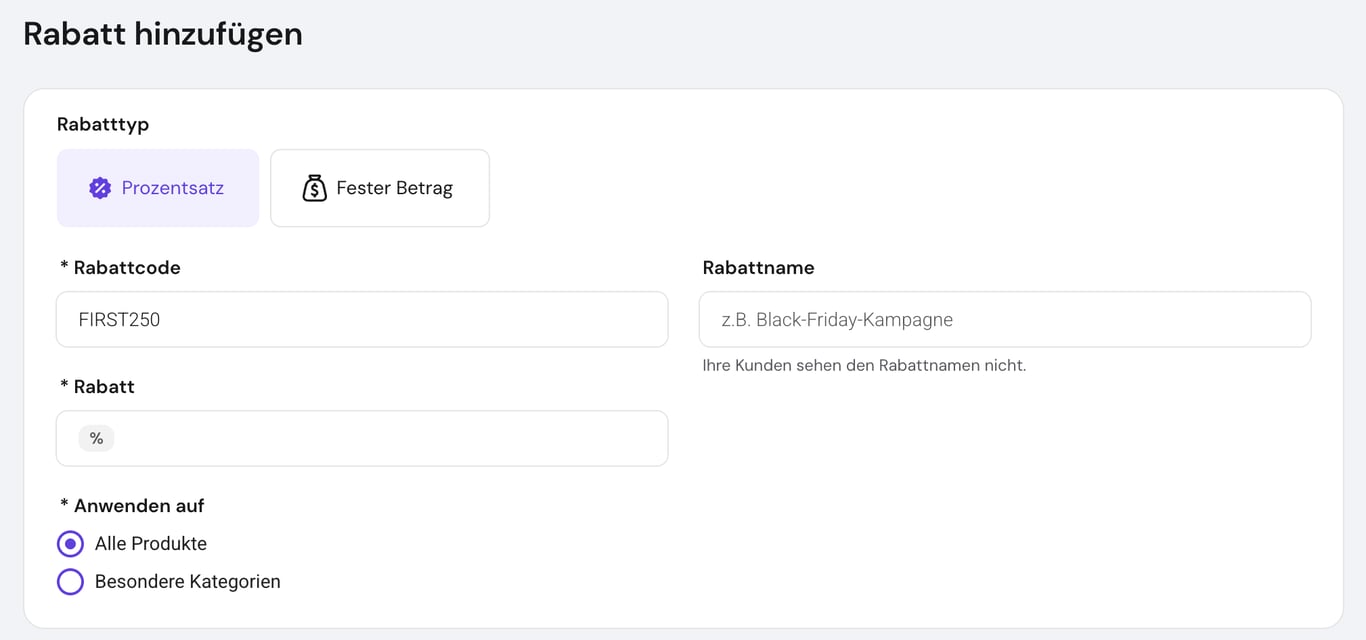 Hostinger Website-Builder Shop-Manager, oberer Bereich der Seite „Rabatt hinzufügen“