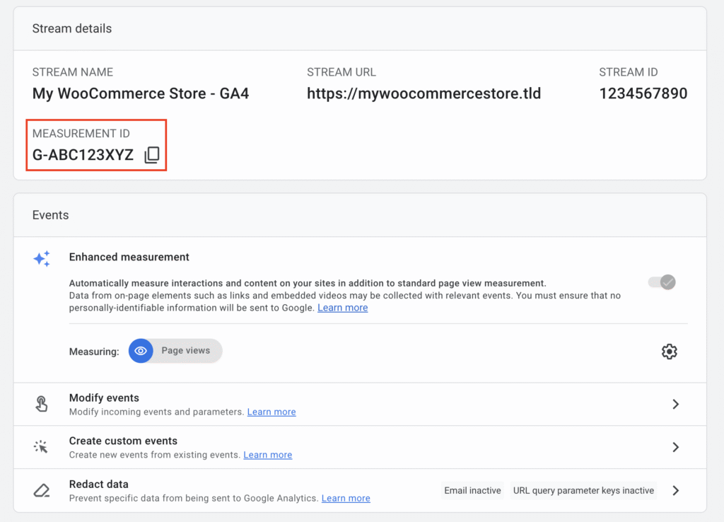 GA4-Streamdetailseite mit hervorgehobener Mess-ID