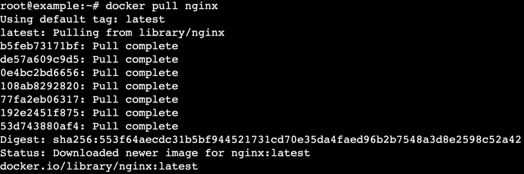 Terminal mit docker pull nginx, um das offizielle Image herunterzuladen