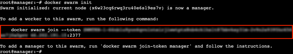 Eine Terminalausgabe, die einen Docker Swarm Join-Befehl zeigt