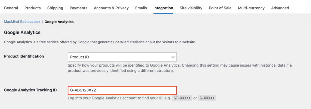 WooCommerce-Google-Analytics-Einstellungen mit hervorgehobenen Tracking-ID-Feld