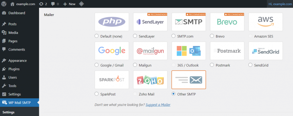 Die Einstellungen des E-Mail-Clients WP Mail SMTP im WordPress-Dashboard, wobei Other SMTP hervorgehoben ist