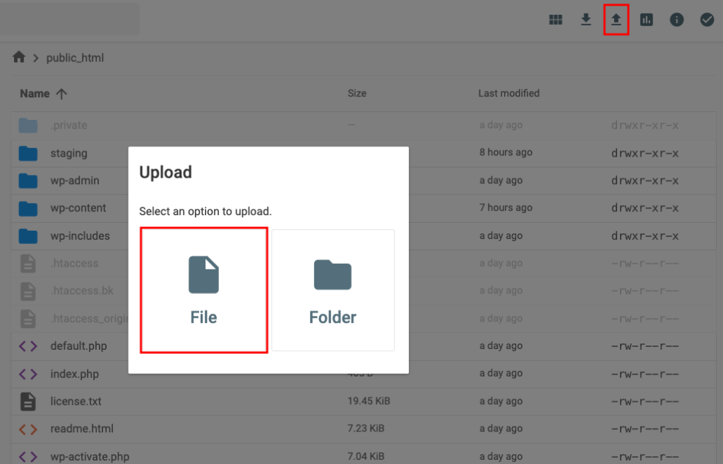 Datei in den Ordner public_html im hPanel hochladen