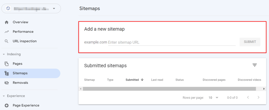 Menü „Sitemaps“ in der Google Search Console