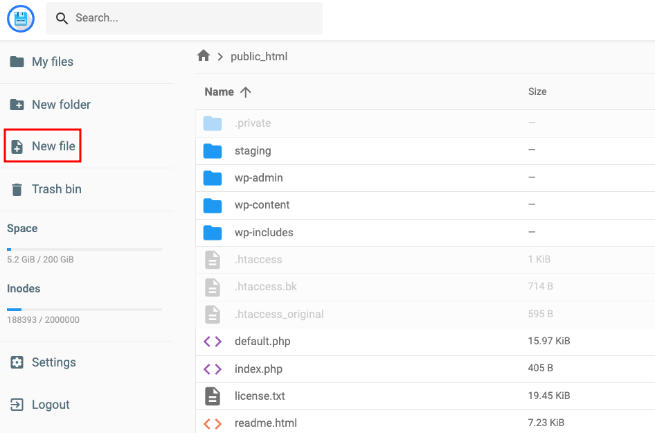 Option „Neue Datei“ im Ordner public_html des hPanel-Dateimanagers