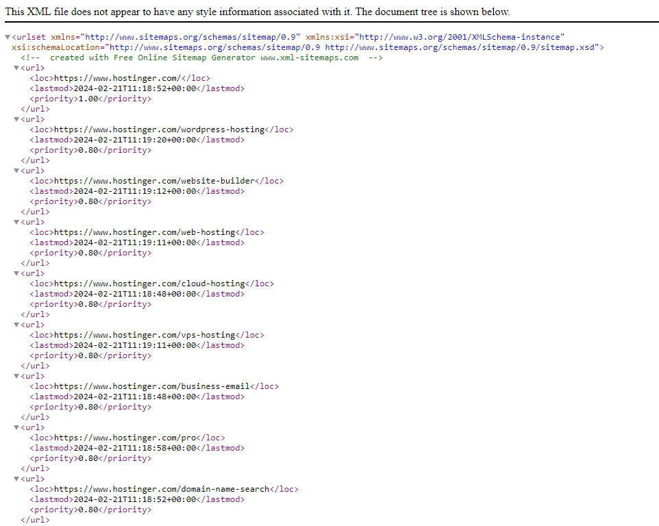 Mit dem XML Sitemaps Generator erstellte Hostinger XML-Sitemap