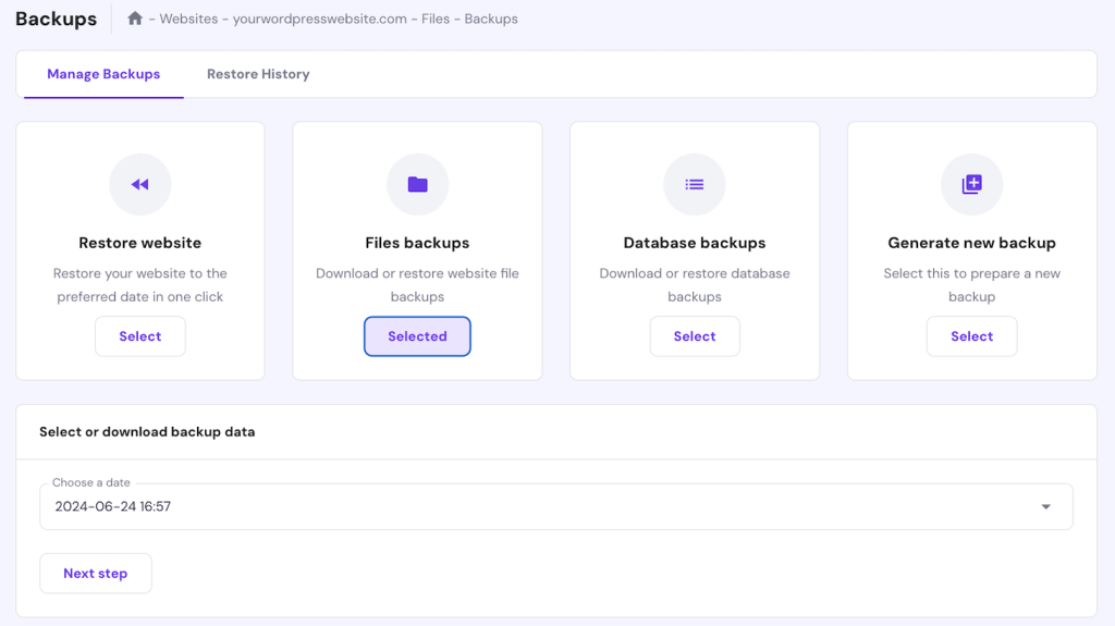 Backup-Menü in hPanel
