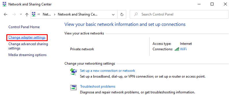 Changing adapter settings on Windows.
