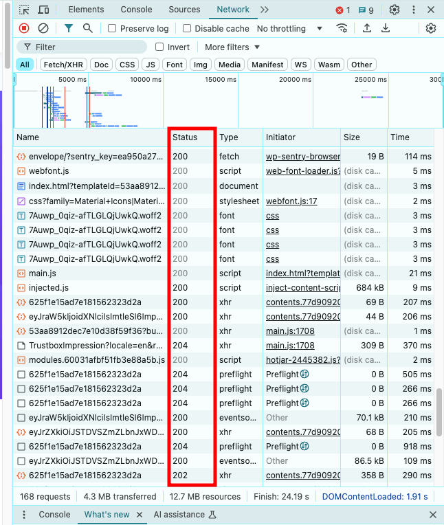Die Chrome-Funktion „Element untersuchen“ hebt die HTTP-Statuscodes einer Seite im Netzwerk-Tab hervor.