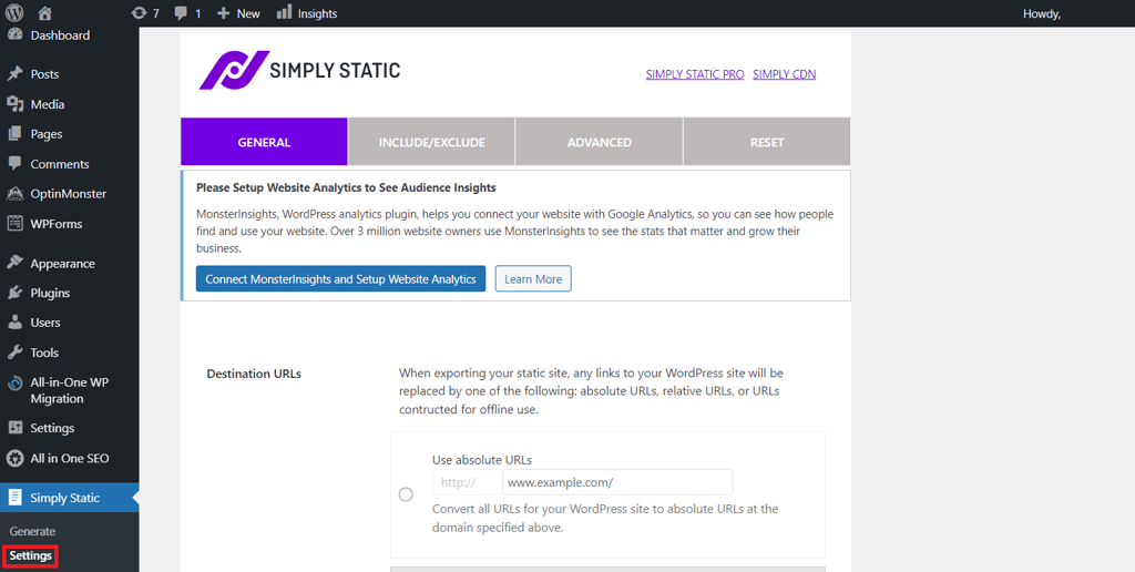 Das Einstellungsmenü des „Simply Static“-Plugins in WordPress