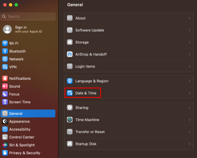 Der Bereich „Allgemein“ in den macOS-Systemeinstellungen mit hervorgehobener Option „Datum & Uhrzeit“