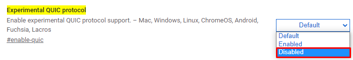 Die Option „Experimentelles QUIC-Protokoll“ in den Chrome-Einstellungen mit hervorgehobener Auswahl „Deaktiviert“