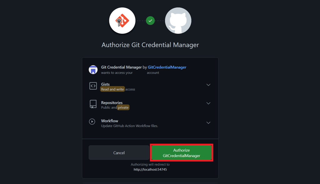 Der GitHub Authetifizierungs-Bildschrim