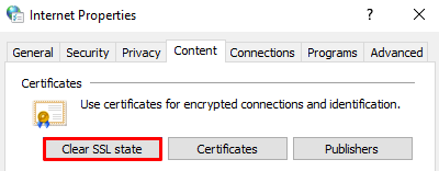 Die Registerkarte „Inhalte“ im Fenster „Interneteigenschaften“ mit hervorgehobener Schaltfläche „SSL-Status löschen“