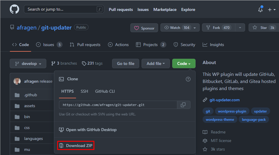 Die Schaltfläche „ZIP herunterladen“ auf der GitHub-Repository-Seite eines Plugins