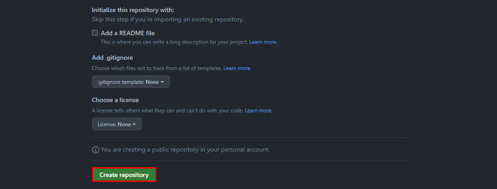 Die Schaltfläche „Repository erstellen“ auf der neuen Seite zur Repository-Erstellung bei GitHub