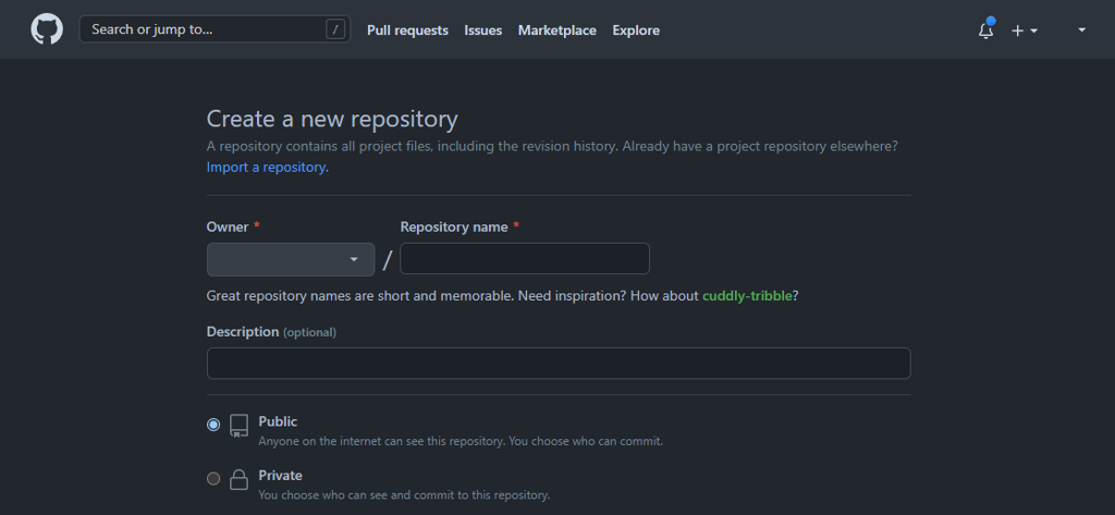 Die Seite „Neues Repository erstellen“ auf GitHub