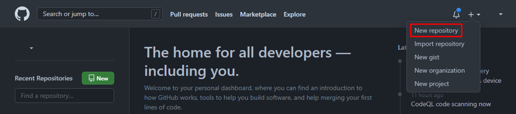 Die Schaltfläche „Neues Repository“ auf GitHub