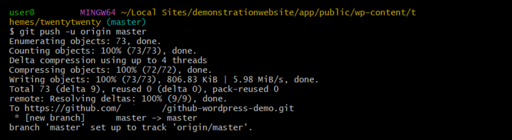 Datei aus dem lokalen Repository mithilfe des Befehls „git push -u origin master“ auf den Remote-Server übertragen