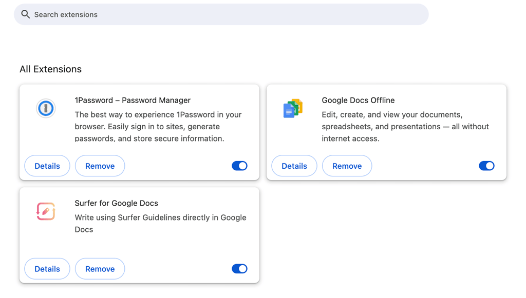 Google Chrome-Menü „Alle Erweiterungen“