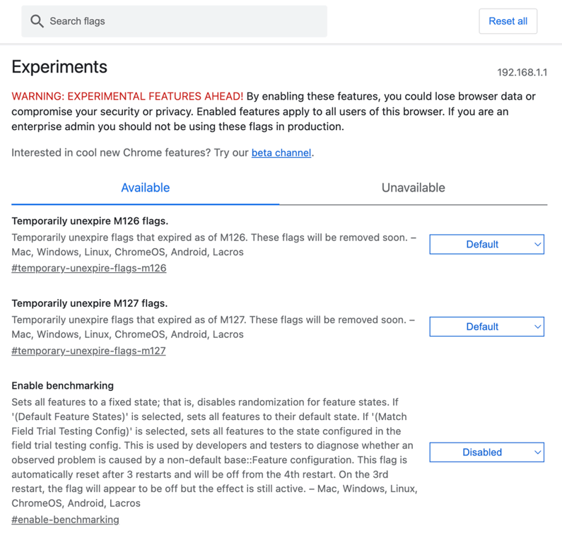 Google Chrome-Menü „Experimente“